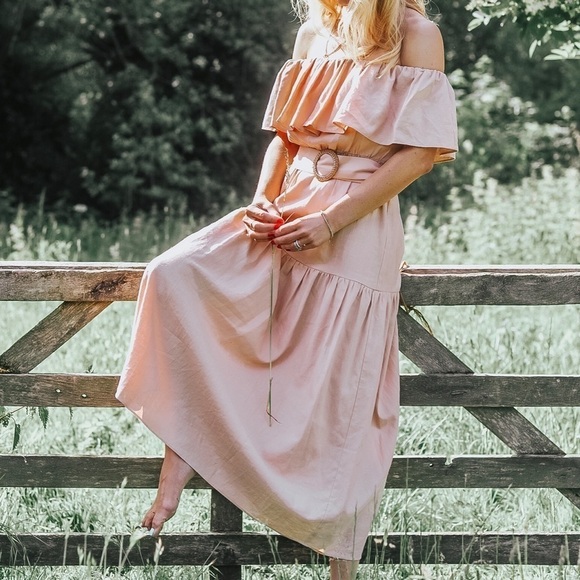 Topshop off the shoulder Ruffle Bardot Midi dress peach nude tiered dress Sz 6 - Picture 7 of 16